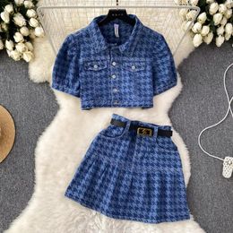 Work Dresses Summer Fashion Thousand Bird Checker Set Polo Neck Bubble Sleeve Top High Waist Short Skirt Two Piece