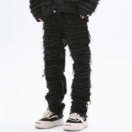 Mens Jeans Dark Streetwear Black Tassel Patchwork Straight Men Grunge Pants Fashion Punk Hip Hop Denim Trousers Ropa Hombre 230420