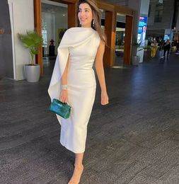 Vintage Ivory Sheath Prom Dresses Satin O Neck Cap Sleeves Ruffles Tea Length Vestidos De Fiesta Elegantes Para Mujer 2024 Saudi Arabia