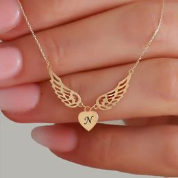 Pendant Necklaces carved letters angel wings heart shaped pendant necklace womens stainless steel Jewellery childrens name initial Mothers Day gift 231120