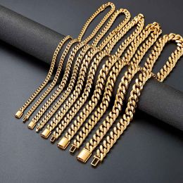 6/8/10/12/14mm Cuban Link Chain Necklace Bracelet Curb Choker Collar Chains Jewellery High Polished Box Clasps 316L Stainless Steel 18K Gold Plated For Men Women