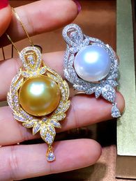 18K Gold Pearl Diamond Pendant Sterling Silver Party Wedding Pendants Necklace For Women Bridal Engagement Chocker Jewelry Gift