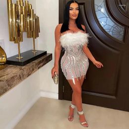 Casual Dresses Sequins Sheer Mesh Mini Club Party Dress Women Sexy Feathers Strapless Patchwork Backless Bodycon Birthday Summer Outfits