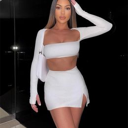 Two Piece Dress Townlike White Sexy Set Long Sleeve Crop Top And Side Split Mini Skirts Slim 2 s Autumn Outfits 230419