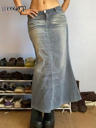Skirts Weekeep Vintage Denim Long Skirt Low Rise Tie Dye Casual Midi For Women Chic Streetwear Y2k Aesthetic Ladies Clothing 90s 230420