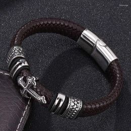 Charm Bracelets Punk Men Jewelry Brown Braided Leather Cross Bracelet Stainless Steel Magnetic Clasp Trendy Bangles FR0120