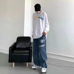 Men's Pants Korean Style Letter Printed Denim 2023 Streetwear Washed Jean Men Loose Hip Hop Jeans Black/blue