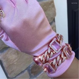 Link Bracelets Rose Gold Colour Pink Rectangle Cubic Zirconia 12mm CZ Cuban Chain Pinky Rock Punk Women Bracelet