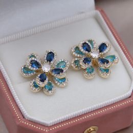 Stud Korean New Fashion Jewellery 14K Gold Plated Luxury Double Layer Zircon Flower Earrings Elegant Women's Party Accessories 231120