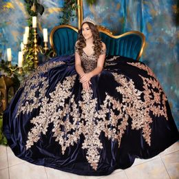 Navy Blue Off the Shoulder Quinceanera Dresses Ball Gown Gold Appliques Lace Beaded Mexican Sweet 16 Dresses 15 Anos