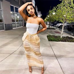 Skirts Pockets Ruched Sheer Mesh Maxi Skirt Women Summer Sexy Drawstring High Waist Stacked Casual Long Party Clubwear 230420