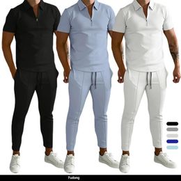 Mens Tracksuits Solid Colour Men Suit Summer Casual Short Sleeve Polo Shirt Calf Pants for Men Streetwear Male Tracksuit 2Piece Set 230419