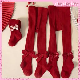 Trousers Kawaii Girls Christmas Red Pantyhose Bow Trim Tights High Waist Spring Autumn Stockings Princess Style Fashion Warm Leggings