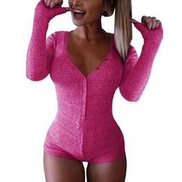 Women's Jumpsuits Rompers Valentine's Day Women New Sexy Body Lady V Neck Long Sleeve Bodycon Rompers Buttons Casual Pink Patchwork Knit Bodysuits ZX046 P230419