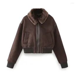 Women's Jackets YENKYE Winter Women Vintage Brown Double Faced Jacket Long Sleeve Female Faux Fur Warm Short Coat