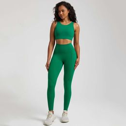 Lu Lu Align Outfits Seamless Gym Set Workout Clothes 2 Pieces Women Running Sport Yoga Lemons Suit Cross Straps Fitness Bra High Waist Pocket Leggings LL