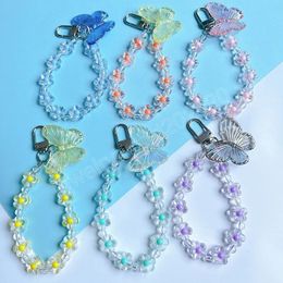 Butterfly Flower Keychain Trendy Transparent Bead Lanyard Keyring Mobile Phone Chain Women Car Key Bag Decor Pendant Girl