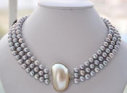 Chains 3row 17-19" 9mm GRAY ROUND FRESHWATER PEARL NECKLACE