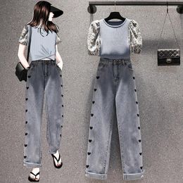 Women's Two Piece Pants Bubble Short-Sleeved Ice Silk T-Shirt High Waist Drape Jeans Suits Women's Amoi Two-Piece Sets