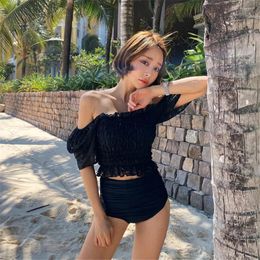 Women's Swimwear Sexy Off Shoulder Bikini Women Solid Ruffle Swimsuit Lace Biquini High Waist Bikinis Korea Bath Suit Black Short Sleeve