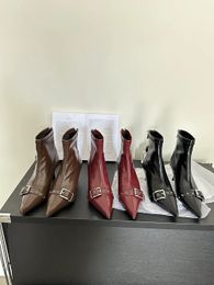 Boots Pointed Toe Women Ankle 2023 Arrivals Belt Buckle Thin High Heels Black Brown Red Shallow Slip On Dress Shoes Woman 39 231120