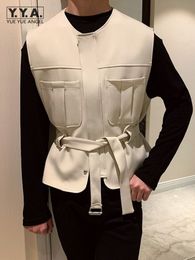 Men's Vests Fashion Mens Vest Jacket Sleeveless Designer Zipper Pockets Solid Colour Waistcoat Korean Style ONeck Sashes Casual Cargo 230420