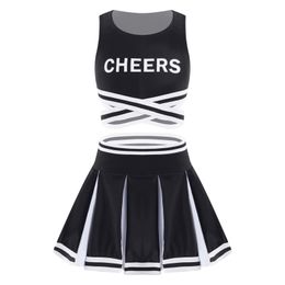 Cheerleading 2Pcs Kids Girls Cheerleader Uniform Cheerleading Dance Outfit Sleeveless Cheers Print Crisscross Sash Vest and Pleated Skirt Set 230420