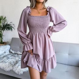 Casual Dresses Square Neck Flared Full Sleeve Ruffled Swing Solid Colour Dress Women Autumn Winter Sexy A Line All Match