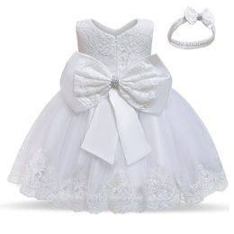 Girl's Dresses 12 Month Cute Baby Lace Floral Big Bow Princess Dress Infant 1st Birthday Party Ball Gown bron Kid White Baptism Tutu Costume 230419
