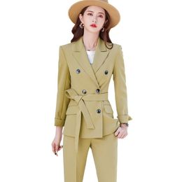 Women's Two Piece Pants Spring Autumn Black Green Yellow Women Pant Suit With Sashes Office Ladies Jacket Blazer And Trouser Female Formal 2