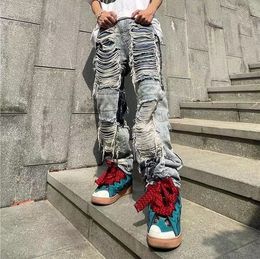 Mens Jeans Y2K Vintage Ripped Clothes Fashion Trousers Cross Splicing Streetwear Straight Baggy Pants For Men 230420