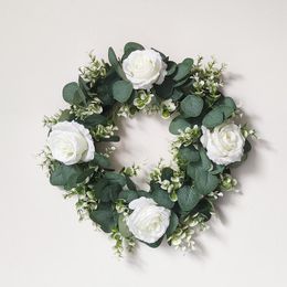 Decorative Flowers Artificial White Rose Wreath Green Leaves Eucalyptus Garland Fake Flower For Door Decoration Home Decor
