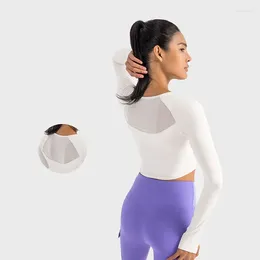 Active Shirts Logo Women Long Sleeve Crop Top With Hole Thumb Square Neck Fitness Mesh Yoga Built In Bra Pads Female Gym Clothes