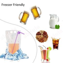 Clear Drink Pouches Bags frosted Zipper Stand up Plastic Drinking Bag with straw holder Reclosable 500ml4366018