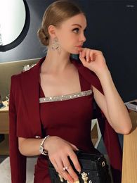 Work Dresses Commute Slim-Fit Slimming Suit Dress Female 2023 Autumn High-Grade Elegant Square Collar Wine Red Two-Piece Women's Clothing