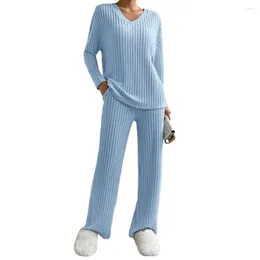 Women's Two Piece Pants Wide-leg Pyjama Set Cosy Knitted Sweater Stylish V Neck Loose Fit Elastic Waist Pockets Homewear For Fall/winter