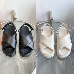 miui Leather Sole Women Luxury Sandals Comfortable Thick Summer Fashion Cross One Line Sandals Black and White Roman Shoes