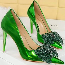 Dress Shoes Trendy Women 10 5cm High Heels Sexy Green Blue Pointed Toe Party Pumps Lady Glossy Spicy Girl Style Nightclub 231120