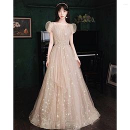 Runway Dresses Fairy Celebrity Light Champagne Puff Sleeve Bridal Wedding Charming Pleated Sequins Shiny Applique Party Prom Gowns 2023