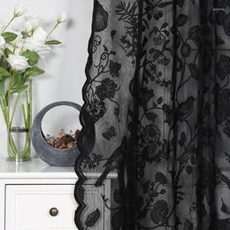 Curtain Black Floral Birds Jacquard Sheer For Living Room Pastoral Voile Drape Kitchen Small Window Grommet Ring #E