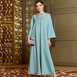 Ethnic Clothing Women Luxury Rhinestone Wedding Party Gown Islamic V Neck Elegant Long Dress Muslim Abaya Arab Ramadan Caftan Dubai Middle