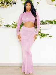 Women's Two Piece Pants Luxury Christmas Hot Rhinestones Two 2 Piece Dress Set Women's Long Sleeve Crop Top and Bodycon Mermaid Skirt Birthday Outfit Q231120