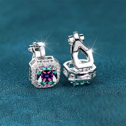 Stud Rainbow Crystal Round Stone Clip Earrings with Multicolor Zircon Fashion Square Womens Silver Wedding Jewellery 231120