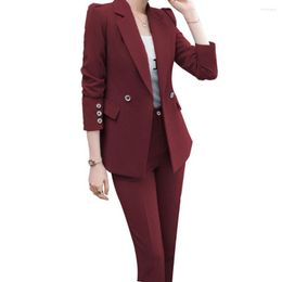 Women's Two Piece Pants Burgundy Women Suits 2 Solid Slim Fit Work Two-Buttons Business Office Sets Lady Blazer With Fashion Costume Femme