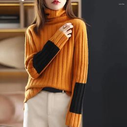 Women's Sweaters Women Stretchy Sweater Colorblock Cozy Turtleneck Warm Knitted Pullover With Neck Protection Soft Thick