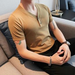 Мужские футболки 2023 Брендовая одежда Мужские футболки для отдыха с короткими рукавами Вязаные футболки / Мужские облегающие повседневные футболки с v-образным вырезом в деловом стиле / Большие размеры S-4XL
