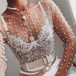 Women's T Shirts For Women 2023 Spring Beading Patchwork Mesh See Through T-shirt O Neck Long Sleeve Pullover Outerwear Tops Sexy Clubwear