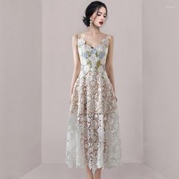 Casual Dresses 2023 Summer Temperament Suspender V-Neck Long Dress Women Fashion Patchwork Embroidered Lace Vestidos