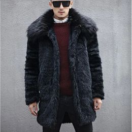 Men's Leather Faux Leather winter men fox fur collar faux rabbit fur coats Turn-down collar trends fur jacket Black long section fashion overcoats 231118