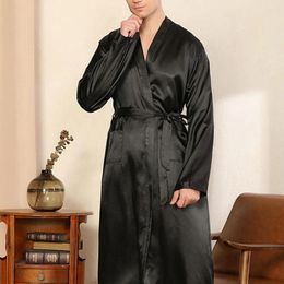Men's Sleepwear Men Bathrobe Solid Colour Soft Breathable Satin V Neck With Lace Up Waist Belt Long Sleeves For Fall